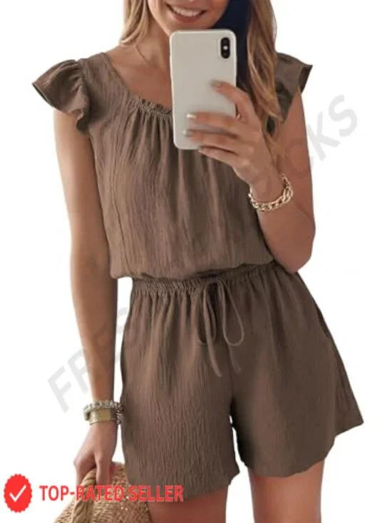 Women's Ruffle Sleeve Square Neck Romper, Drawstring High Waist, Wide Leg