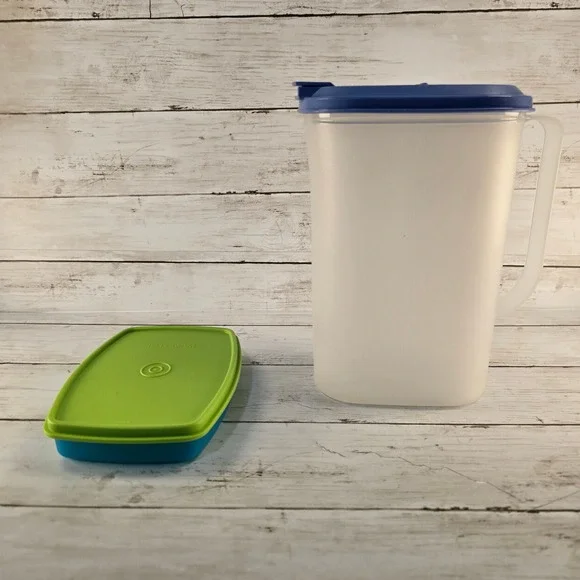 Tupperware Slim Pitcher Blue Lid 2L & Rectangular Container Green Lid 814-5 Set