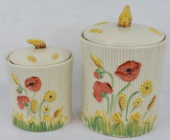 Vintage Lefton Poppy Garden Ceramic Canisters Set 2 Japan Floral Wheat Jars