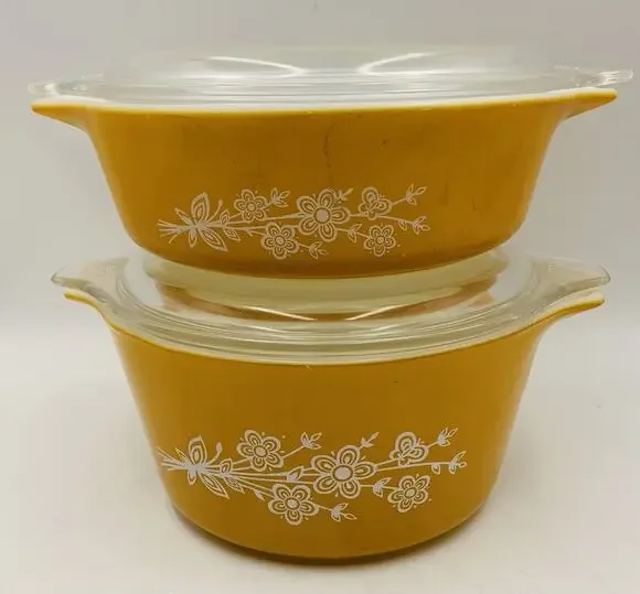 Pyrex Vintage Butterfly Gold Casserole Dishes 1L & 1.5L 473-b 474-b w/ Lids