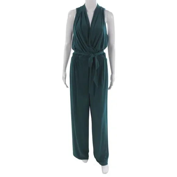 Vince Camuto Womens Sleeveless V-Neck Solid Green Jumpsuit Size 10