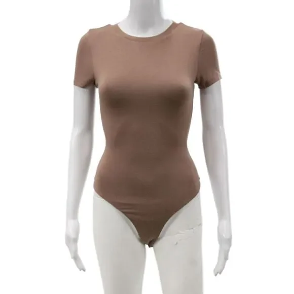 Naked Wardrobe Women Basic Jersey Brown Short Sleeve Crew Neck Jumpsuit Size S
