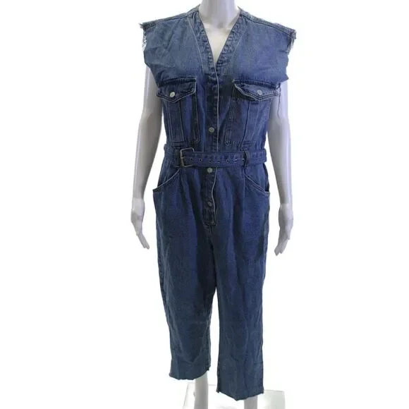 Blank NYC Women Blue V-Neck Sleeveless Jumpsuit Solid Size M