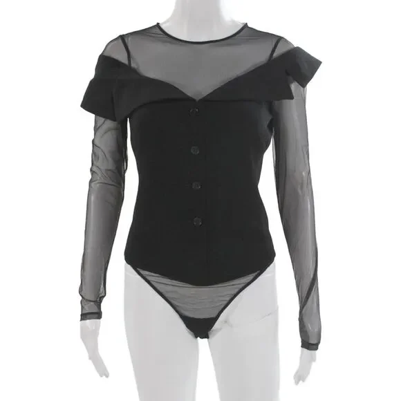 Fleur du Mal Womens Bodysuit Black Long Sleeve Round Neck Solid Size S