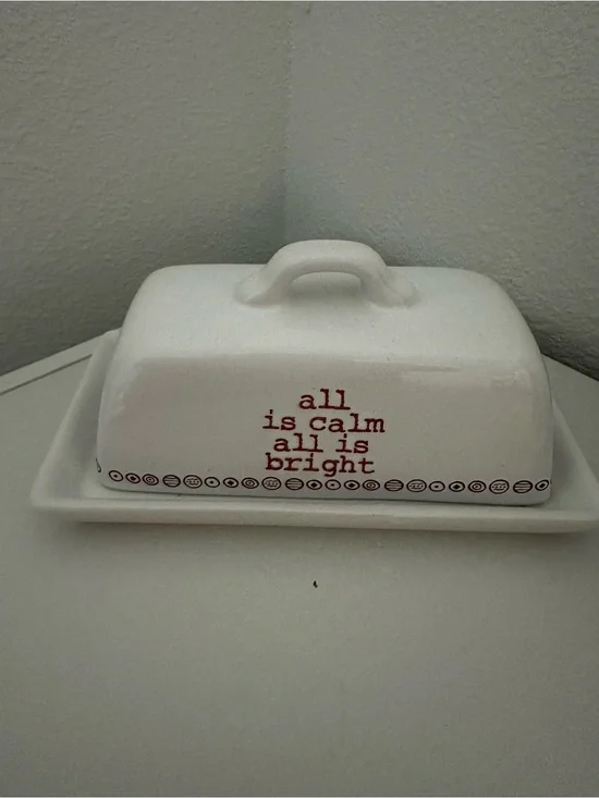 Joseph White Ceramic Butter Dish with Red Lettering