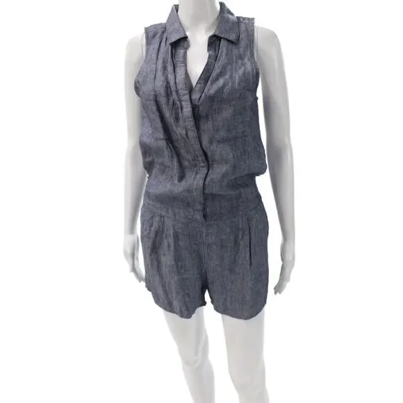 Joie Women Sleeveless Collared Linen Romper Blue Button Summer Size XS