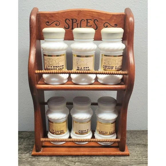 Vintage Double Tiered Wooden Spice Rack W/ 6 Milk Glass Spice Jars Farmhouse