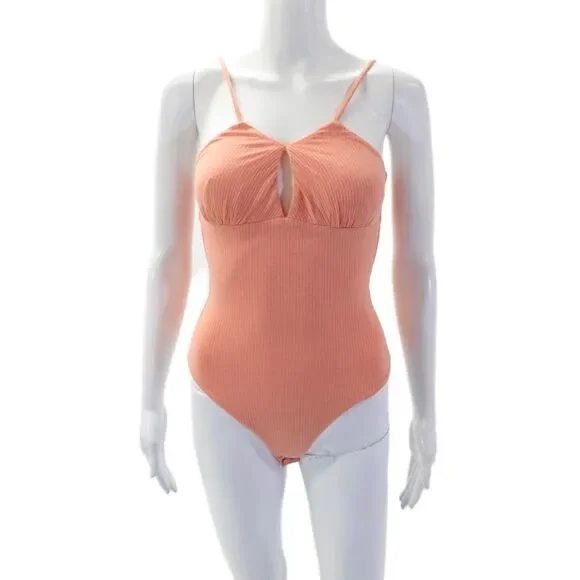 Privacy Please Womens Spaghetti Strap Keyhole Ribbed Bodysuit Peach Size 2XS