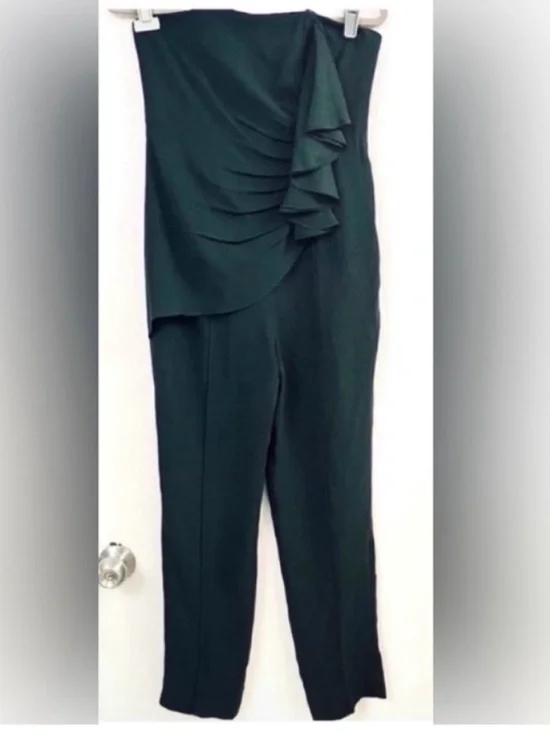 Diane Von Furstenberg Strapless Dark Green Strapless Ruffle Jumpsuit Size 6