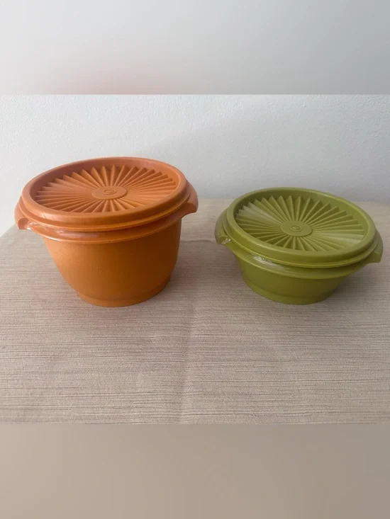 Vintage Tupperware Orange and Avocado Green Servalier Containers with Lids