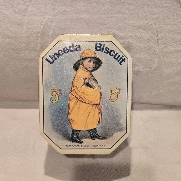 Vintage Bristol Ware Uneeda Biscuit Tin Nabisco Slicker Boy Advertising Blue