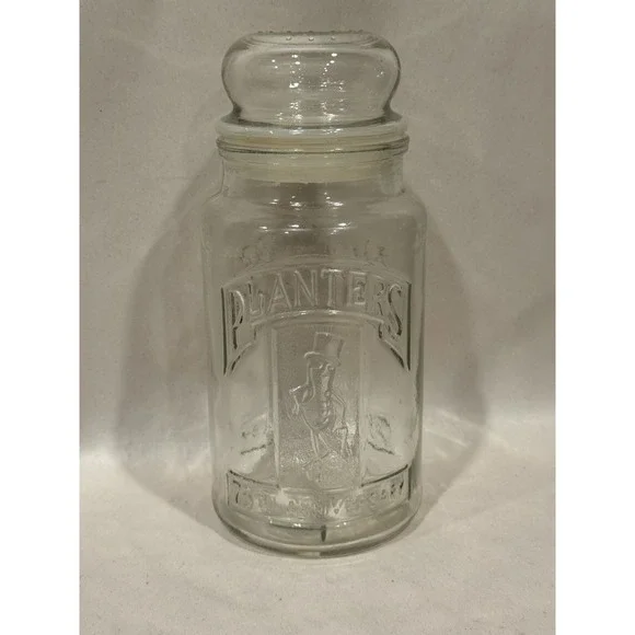 Vintage 1981 75th Anniversary Planters Mr. Peanut Glass Jar with Lid Cannister