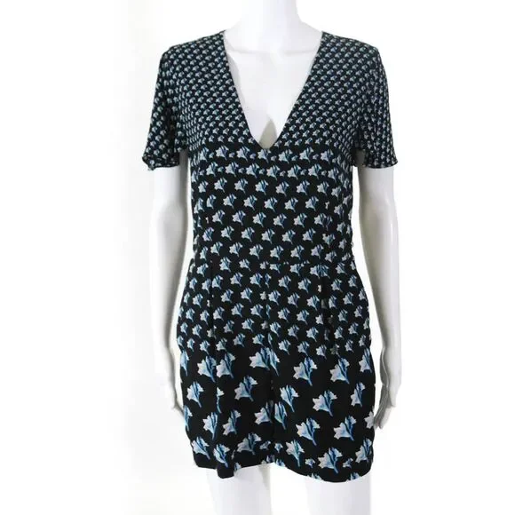 Rebecca Minkoff Womens Floral Flutter Sleeve Romper Black Blue Size 6 10319680