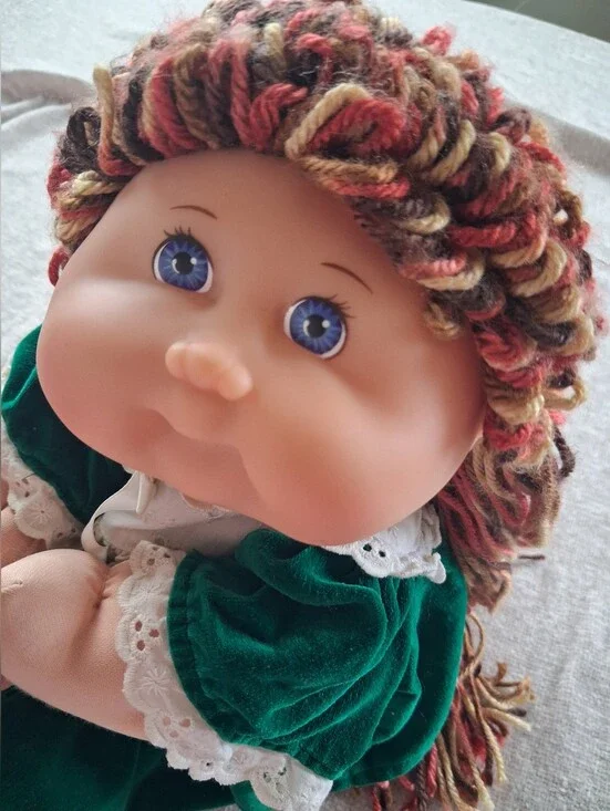Plush Rag-Style Doll with Green Velvet Dress and Multicolor Yarn Hair