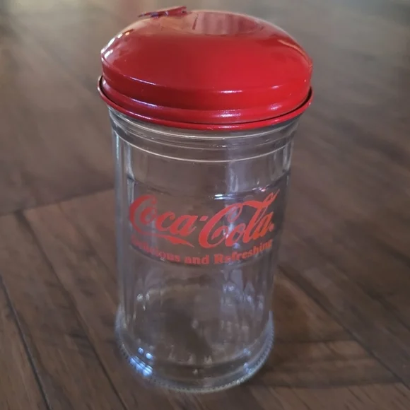 Vintage 1992 Coca-Cola Glass Straw Dispenser Red Metal Flip Top‎ Lid Retro Diner