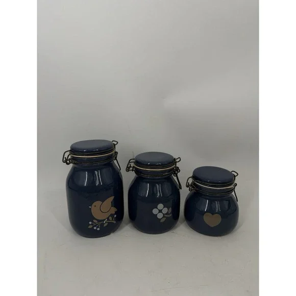 Vintage Stoneware Canister Set 3 Navy Blue Folk Art Bird Heart Clamp Lid