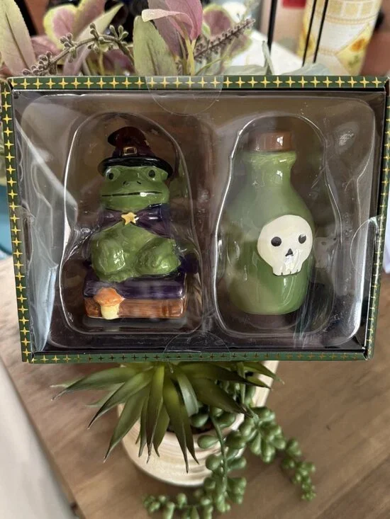 Haunted Halloween Ceramic Salt & Pepper Shaker Set - Witch Frog & Potion Bottle