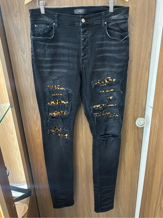 AMIRI Men’s Black Distressed Leopard Panel Skinny Jeans Size 36