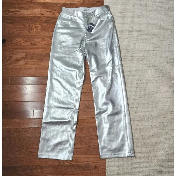 Abercrombie & Fitch Curve Love 90s High Rise Relaxed Faux Leather Silver Pants 6