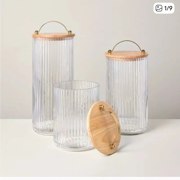 Set of 2- Fluted Glass Storage Canister with Wood Lid - Hearth & Hand™