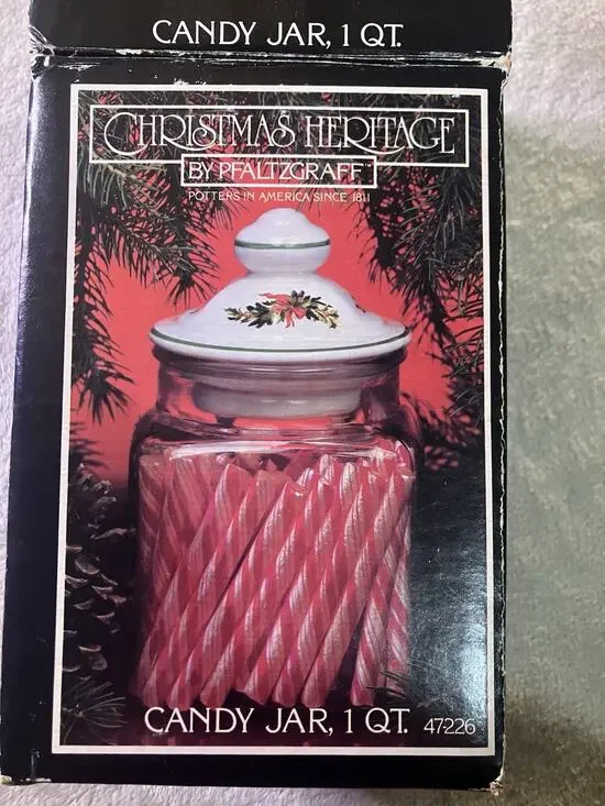 Pfaltzgraff Christmas Heritage Candy Jar 1 qt Glass Clear/Red/Green/White 47226