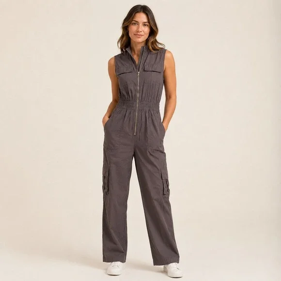 Sincerely‎ Jules Utility Cargo Jumpsuit Small Taupe Brown Zip Front Cotton