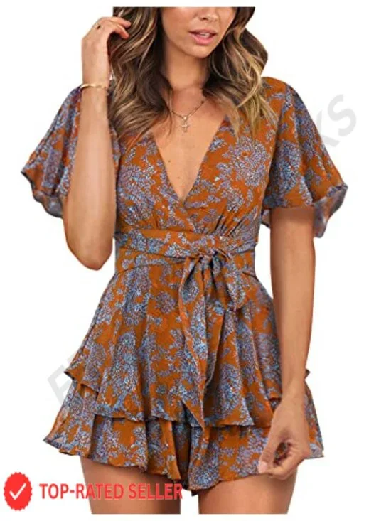 Women's Floral V-Neck Romper Ruffle Hem Jumpsuit Short Flare Sleeve Waist Tie