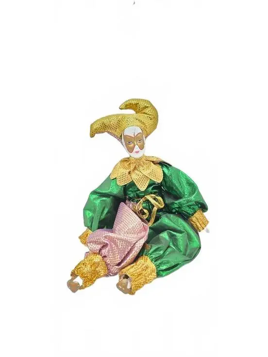 Vintage Harlequin Jester Porcelain Doll with Fabric Costume