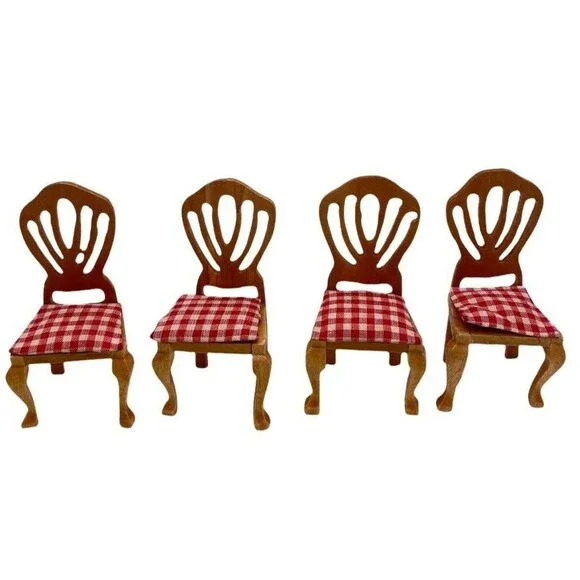 Vintage Dollhouse Miniature Wooden Chairs Lot 4 Red White Gingham Farmhouse 1:12
