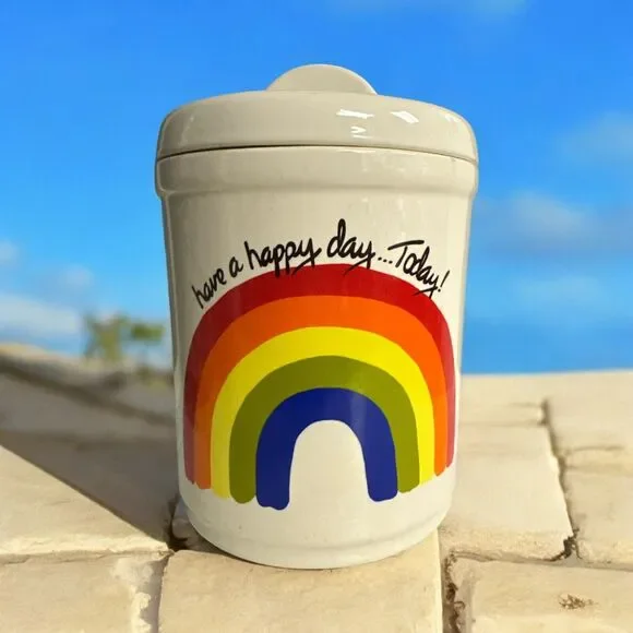 Vtg‎ Califonis Pottery Rainbow 9” Ceramic Cookie Jar Have a Happy Day… Today!