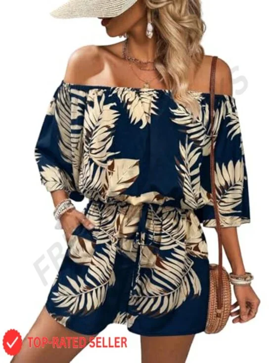 Boho Off Shoulder Romper Flutter Sleeve Drawstring Waist Vacation Playsuit