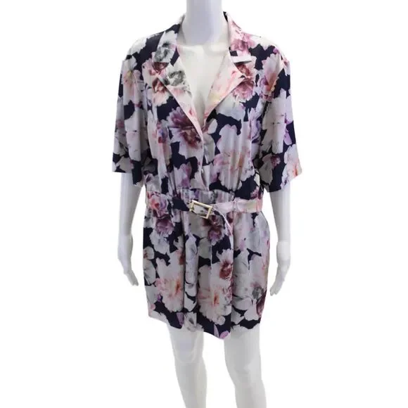 Cynthia Rowley Womens Short Sleeve Notched Lapel Floral Romper Navy White Size 8