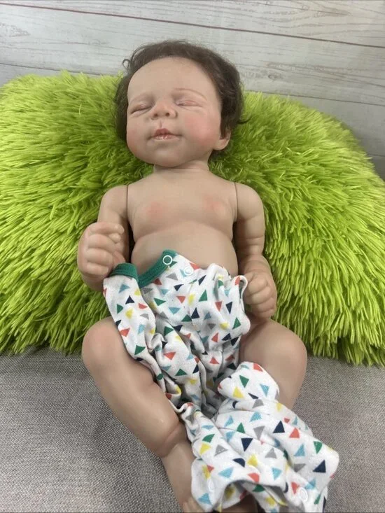 Reborn Baby Boy Doll 18” Anatomically Correct Wavy Brunette Hair Closed Eyes
