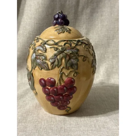 Noble Excellence Ceramic Canister Embossed Vintage Grapes & Leaves Design 10 in