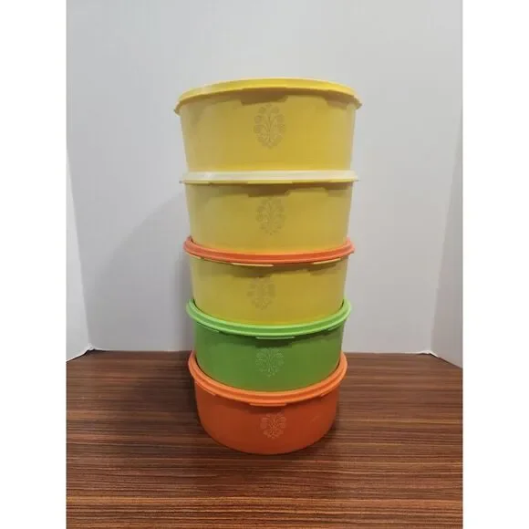 Lot 5 Vintage Tupperware Servalier Canisters 1204 Orange Yellow Green‎ 4 Lids