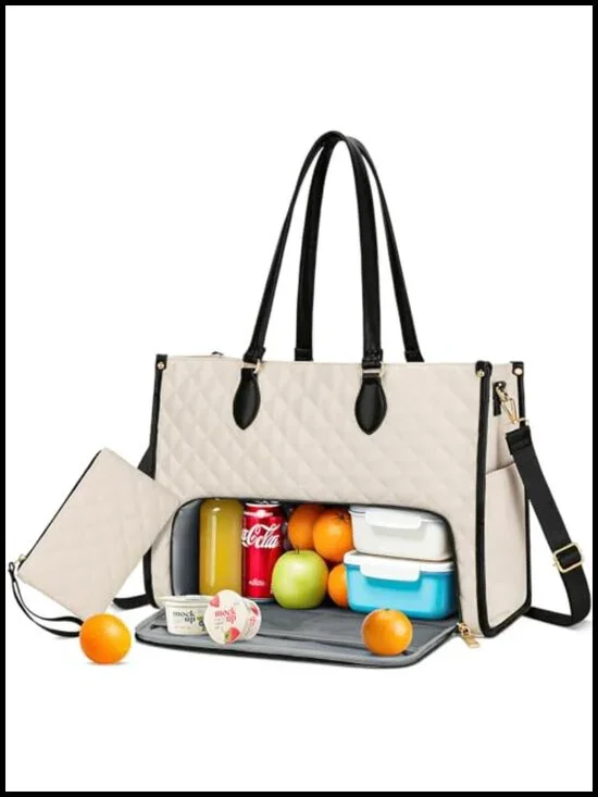 Insulated Lunch Tote Bag 2-in-1 Quilted Laptop Lunch Bag for Work, Office, Nurse
