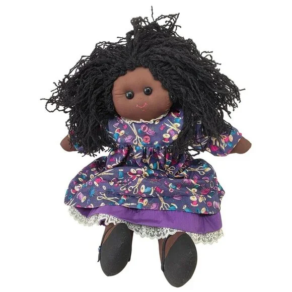 Handmade 90/00s 26″ African American Cloth Rag Doll Yarn Hair Folk Art Vtg Style