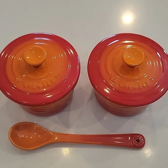 Le Creuset Flame Orange Spice Containers / Food Storage With Spoon