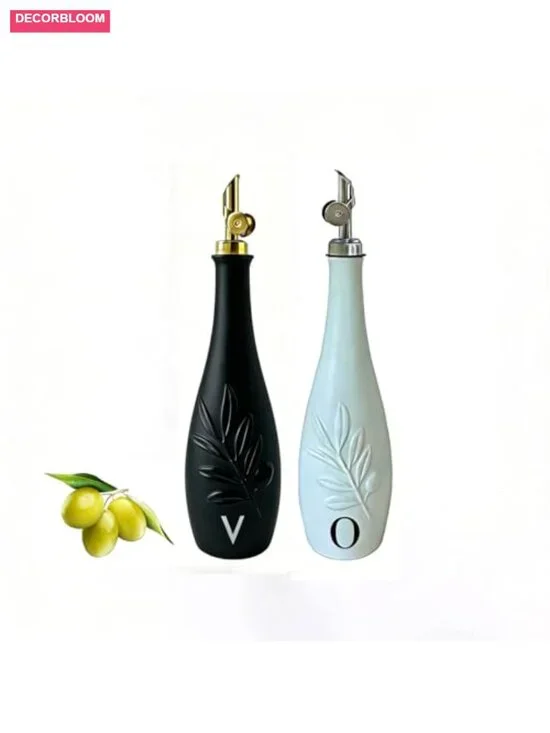 Set of 2 Ceramic Oil & Vinegar Dispensers, Leak Proof Self-Closing Spouts,