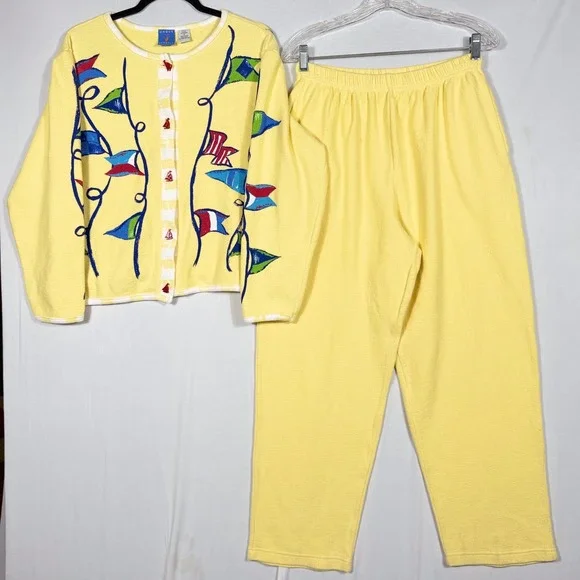 Vtg ONQUE Nautical Lounge Set Cardigan M & Pants L Yellow Cotton Coastal 90s Y2K