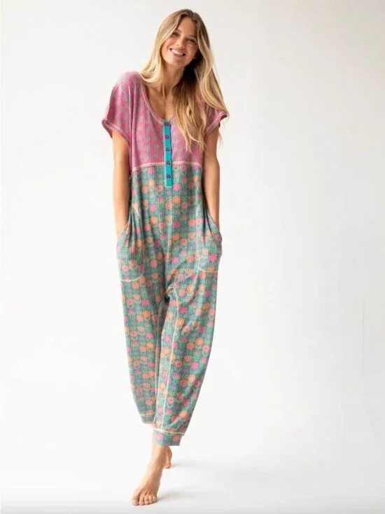 Natural Life Mix & Match Waffle Jumpsuit M Green Floral Boho Lounge Soft Colorfu