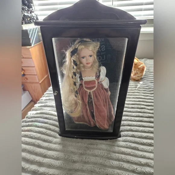 BEAUTIFUL COLLECTOR Porcelain Doll in Display Case with Burgundy Dress