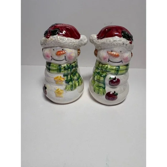 Snowman Salt and Pepper Shaker Set Iridescent Christmas Holiday Decor Ceramic