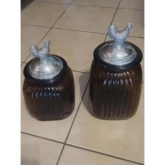 Set of 2‎ Vintage Artland Amber Glass Canister with Rooster Pewter Lid 12