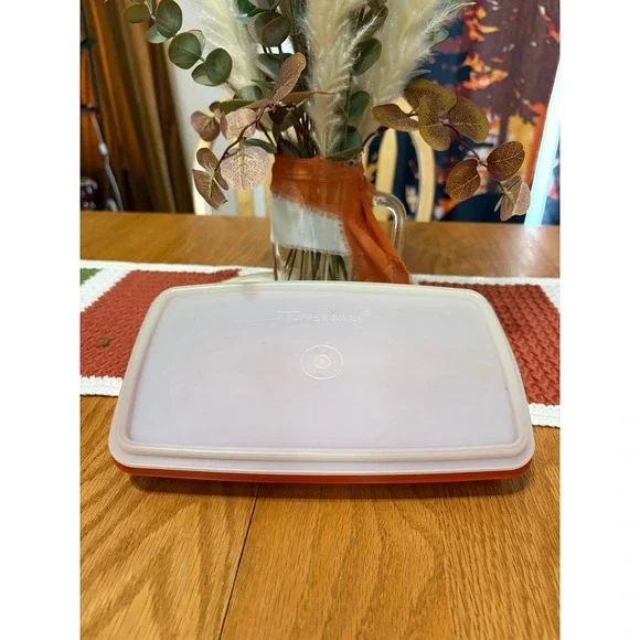 Vintage Tupperware Orange Rectangular Storage Container with Sheer Lid 816-14