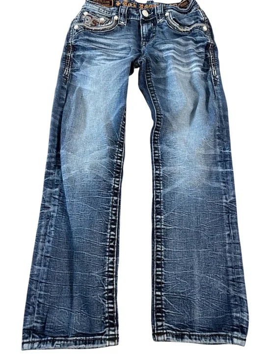 Men's Rock Revival Blue Denim Jeans - Eithan Style, Slim Straight