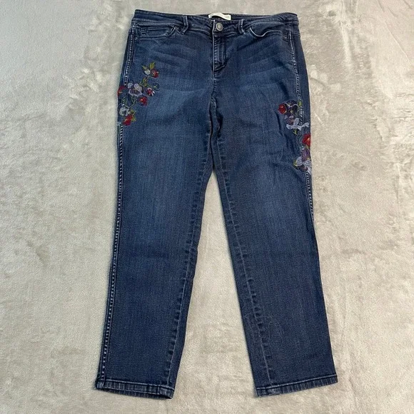 J. Jill Authentic Fit Slim Ankle Jeans Womens 10 Blue Floral Embroidered Denim