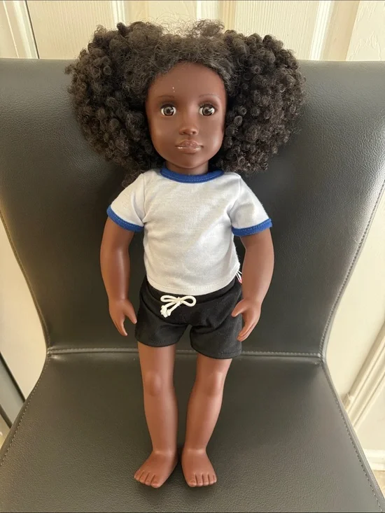 Classic Girls' Doll with Curly Hair - Black Skin, White & Blue Outfit