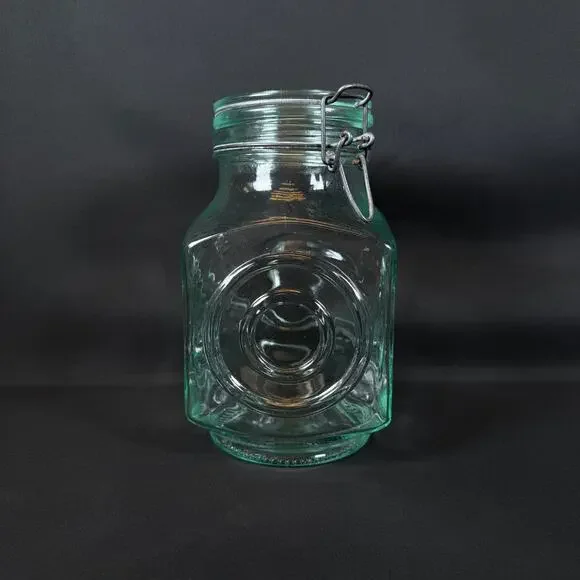 Vintage Hermetic Green Tinted Lantern Style Glass Canister Jar Made in Italy