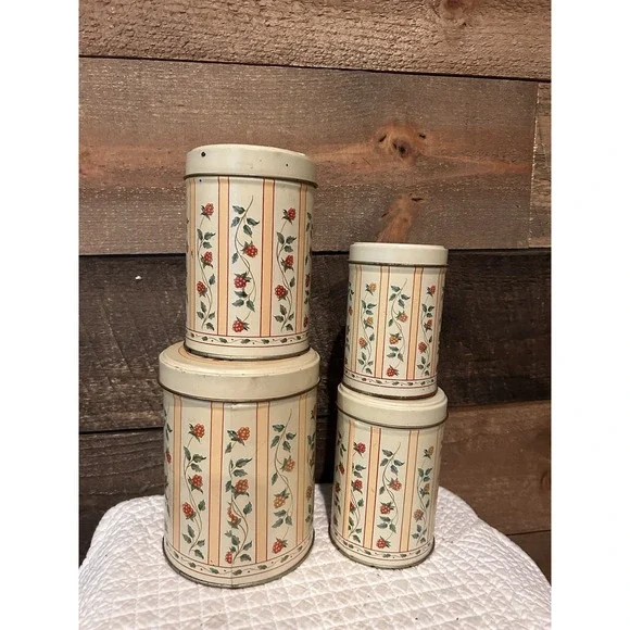 Vintage Metal‎ Tin Canister Set Of 4 Nesting Containers Some Wear Cottage Core